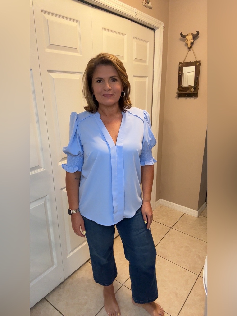 Women's Light Blue V-Neck Smocked Sleeve Blouse by - Picture 3 of 4